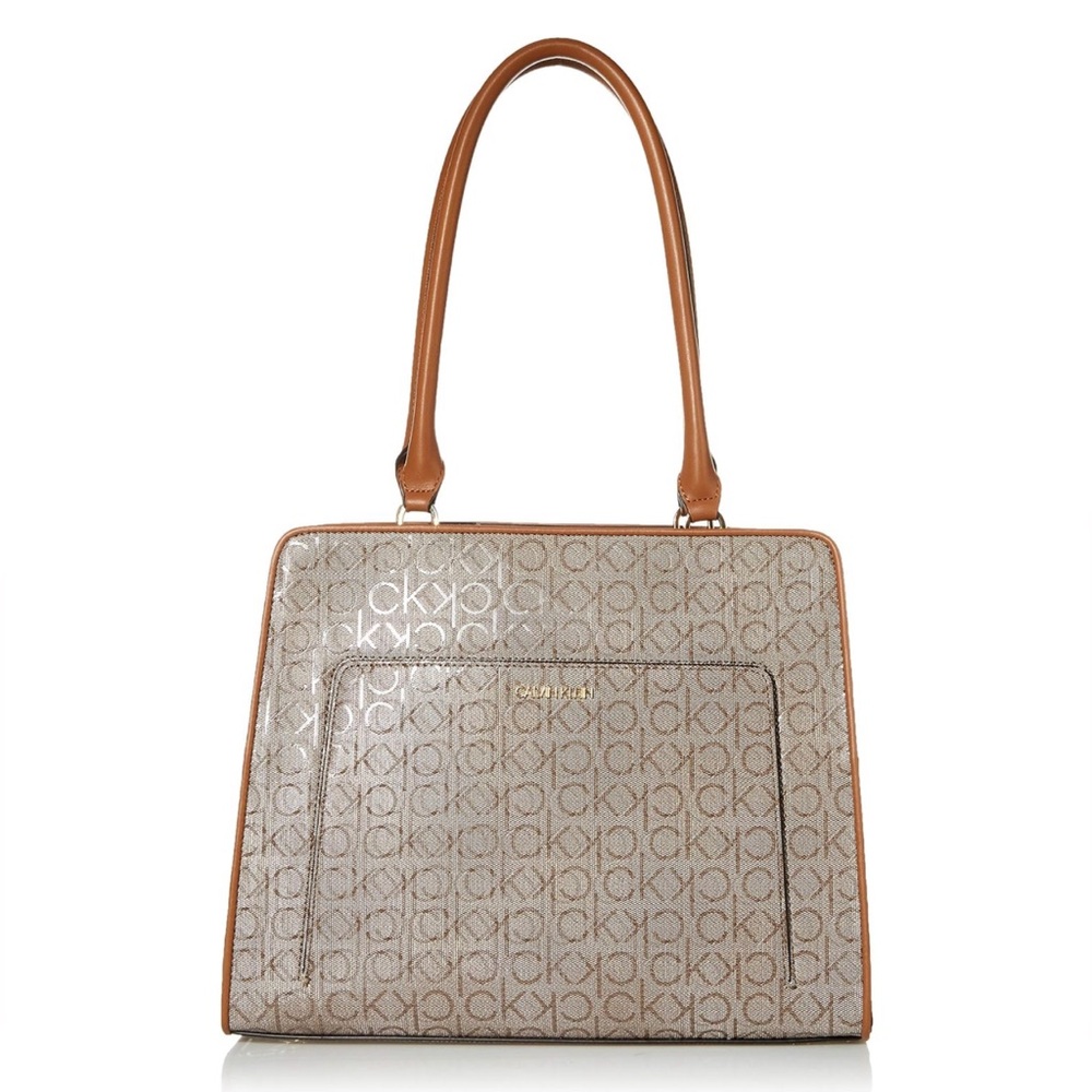 Calvin Klein Margot Textured Logo Emboss Tote  Almond Taupe $359 NWOT